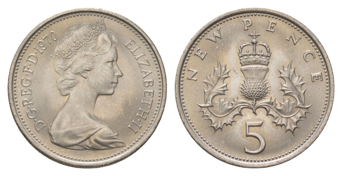 Великобритания 5 пенсов 1970 Елизавета II (1952-2022) KM 911, Spink 4233 (D1) медно-никель UNC 4628-816