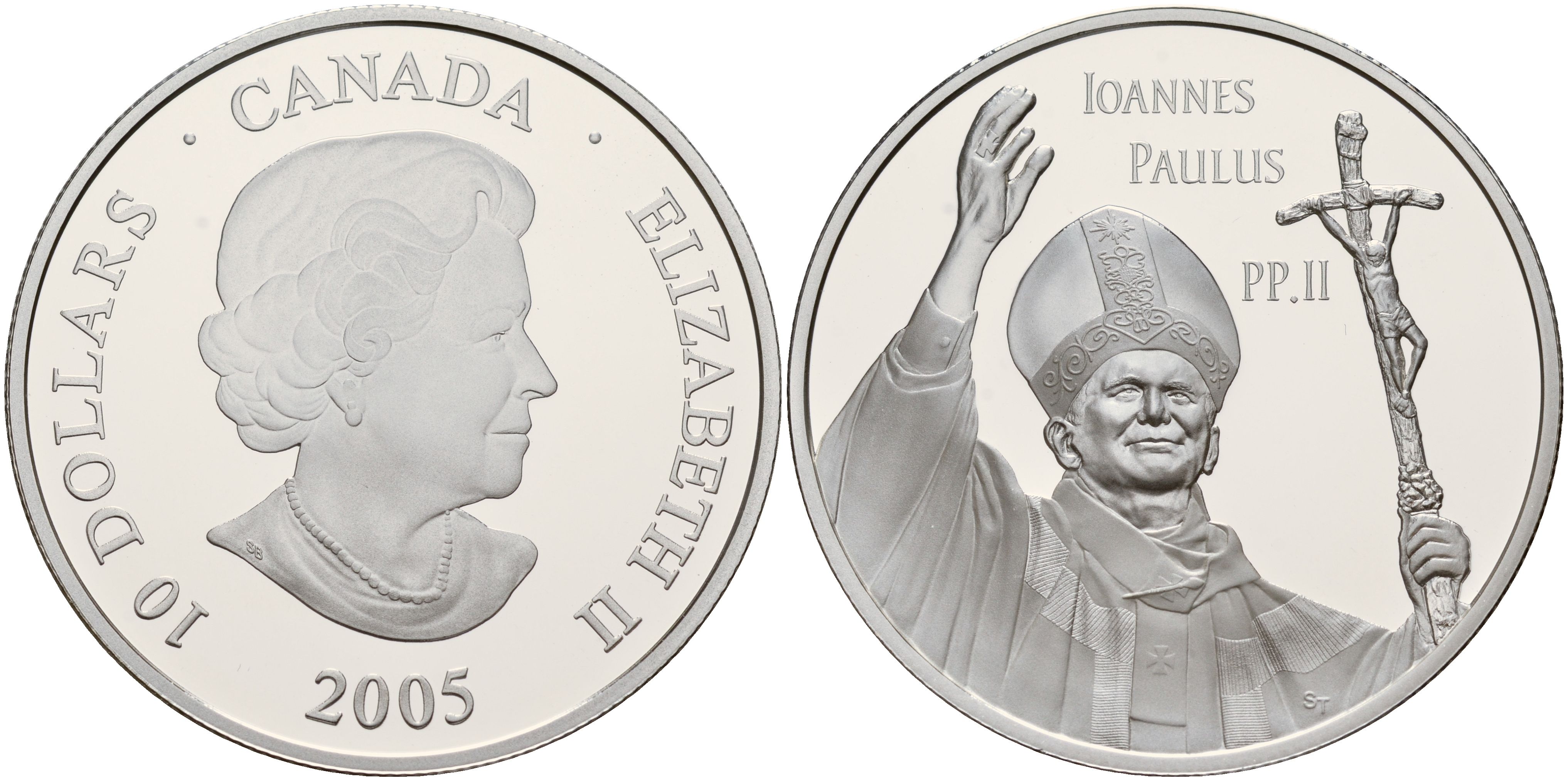 Канада 10 долларов 2005 Иоанн Павел II, в оригинальной пластиковой коробке, с сертификатом KM 559 серебро PROOF 2-4-2-25