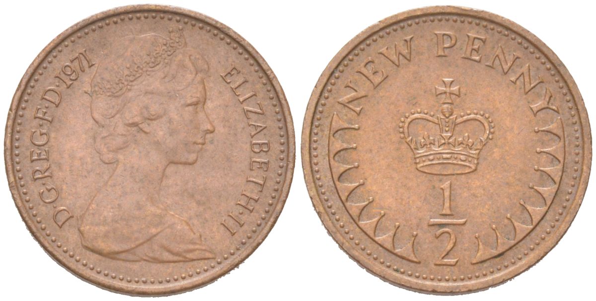 Великобритания 1/2 новый пенни 1971 Елизавета II (1952-2022) KM 914, Spink 4239 бронза 4614-768