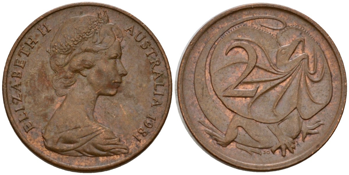Австралия 2 цента 1981 Елизавета II (1952-2022), молодой портрет, плащеносная ящерица KM 63 бронза 4601-751