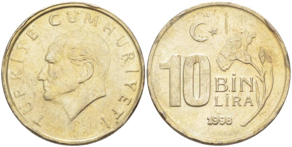 Турция 10000 лир 1998 Мустафа Кемаль Ататюрк KM 1027.2 медь никель цинк 4551-1216
