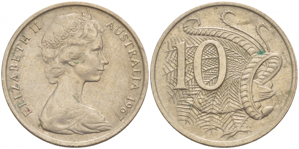 Австралия 10 центов 1967 Елизавета II (1952-), птица лирахвост KM 65 медно-никель aUNC 4539-1056