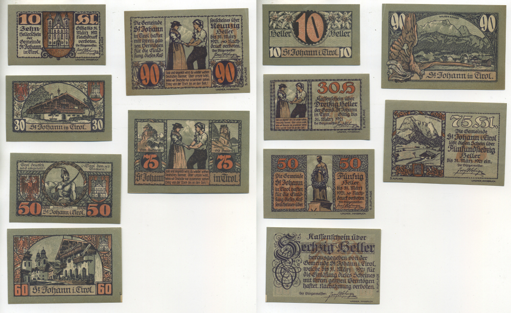 Австрия набор из 6 банкнот 1921 31 марта 1921, нотгельд, 10, 30, 50, 60, 75, 90 геллеров, ST. JAHANN in TIROL, ПЯТЫЙ ВЫПУСК   бумага  aUNC  7555-3-1-2