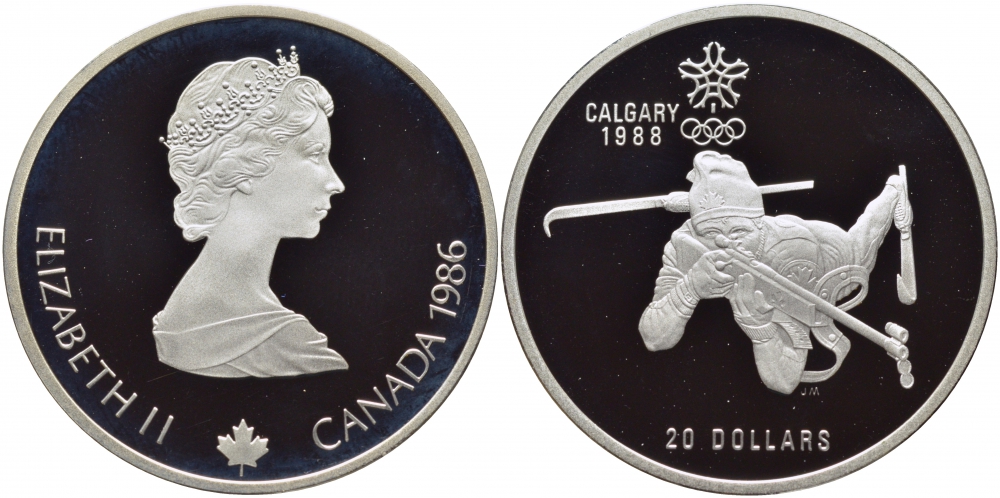 Канада 20 долларов 1986 XV зимние Олимпийские игры в Калгари 1988 года, биатлон KM 147 серебро PROOF 04-102-33