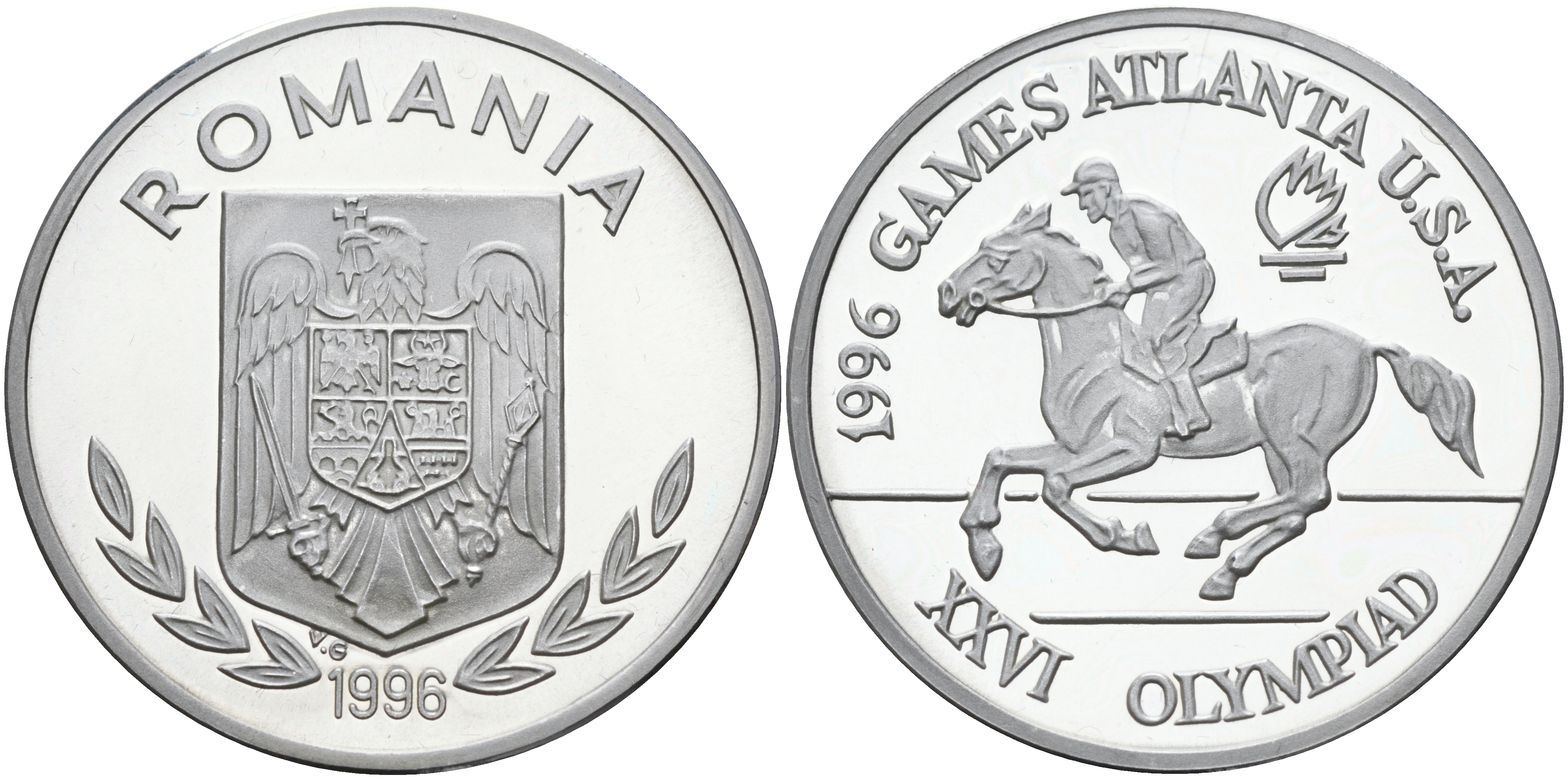 Румыния 100 леев 1996 XXVI Олимпийские игры 1996 года в Атланте, 100 лет Олимпийскому движению, скачки, пробный выпуск, пифорт KM PnE 315.1 алюминий  PROOF  1525-1235