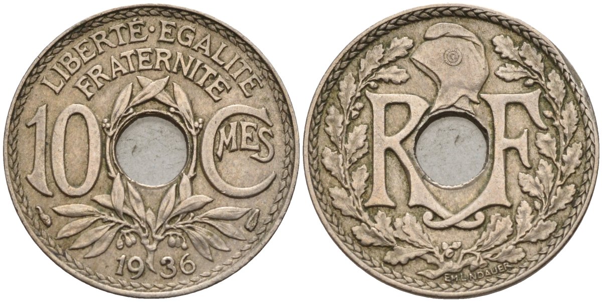 Франция 10 сантимов 1936 KM 866a, Le Franc 138.3 медно-никель 4143-1032