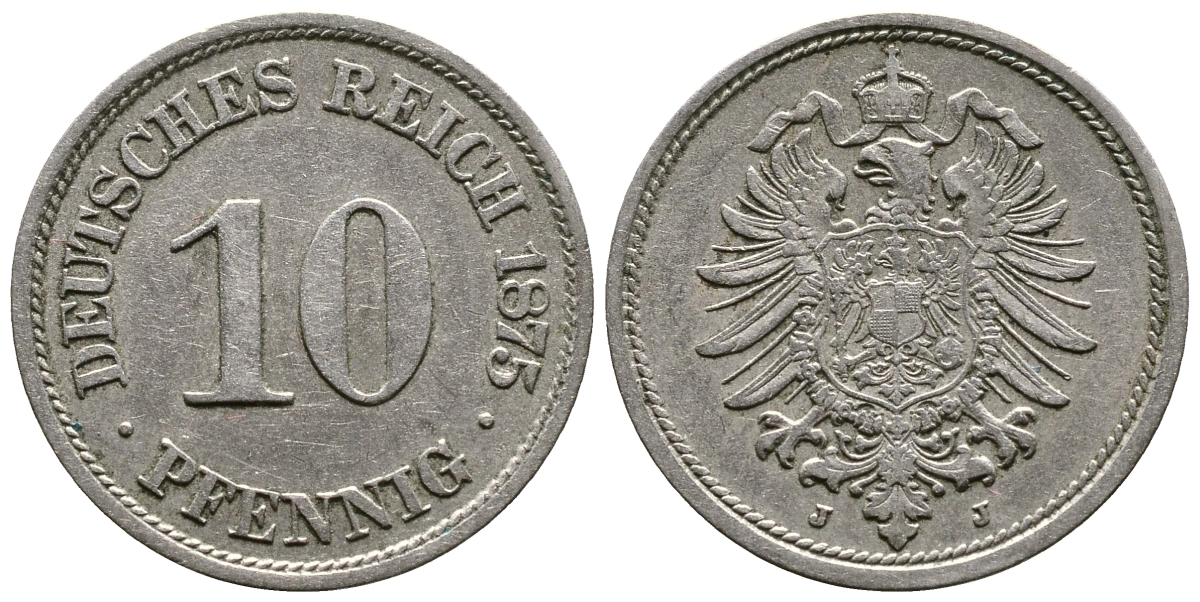ГЕРМАНИЯ 10 ПФЕННИГОВ 1875 J, СТАРОГЕРБОВКА KM 4, J. 4 медно-никель 4364-253