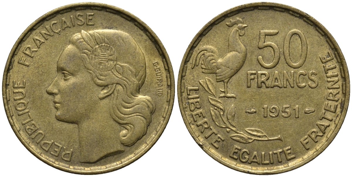 Франция 50 франков 1951 петух KM 918.1, LE FRANC 425.5 алюминиевая бронза 81-643