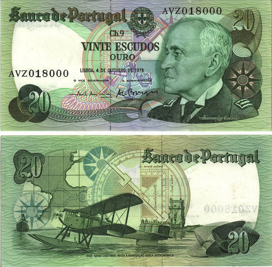 ПОРТУГАЛИЯ 20 ЭСКУДО 1978 АДМИРАЛ ГАГУ КУТИНЬЮ, ГИДРО САМОЛЕТ, 4 ОКТЯБРЯ 1978 Pick 176b бумага aUNC 8606-28-2-1