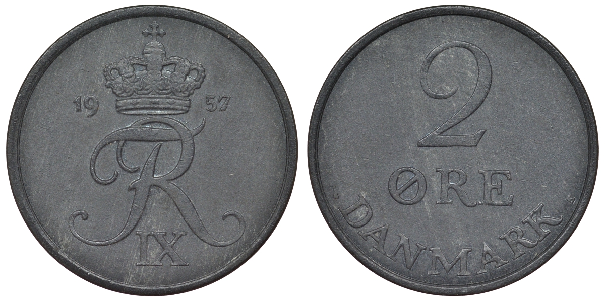 ДАНИЯ 2 ЭРЕ 1957 C; S, ФРЕДЕРИК IX (1947-1972) KM 840.2 цинк 71-1152