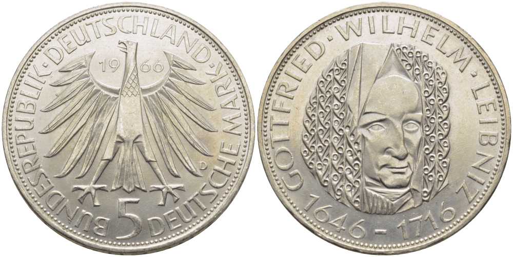 ФРГ 5 марок 1966 D, 250 лет со дня смерти Готфрида Вильгельма Лейбница J. 394, KM 119.1 серебро 1087-8-45