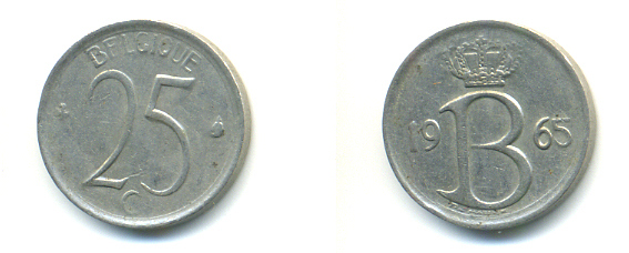Бельгия 25 сантимов 1965 Belgique, Бодуэн I (1951-1993) KM 153.1 медно-никель 86-1252