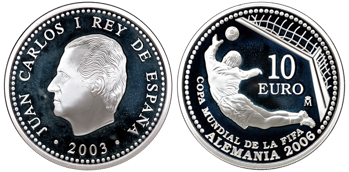 Испания 10 евро 2003 чемпионат мира по футболу в Германии 2006, вратарь, гол, в оригинальной коробке KM 1076 серебро PROOF 4-3-2-10