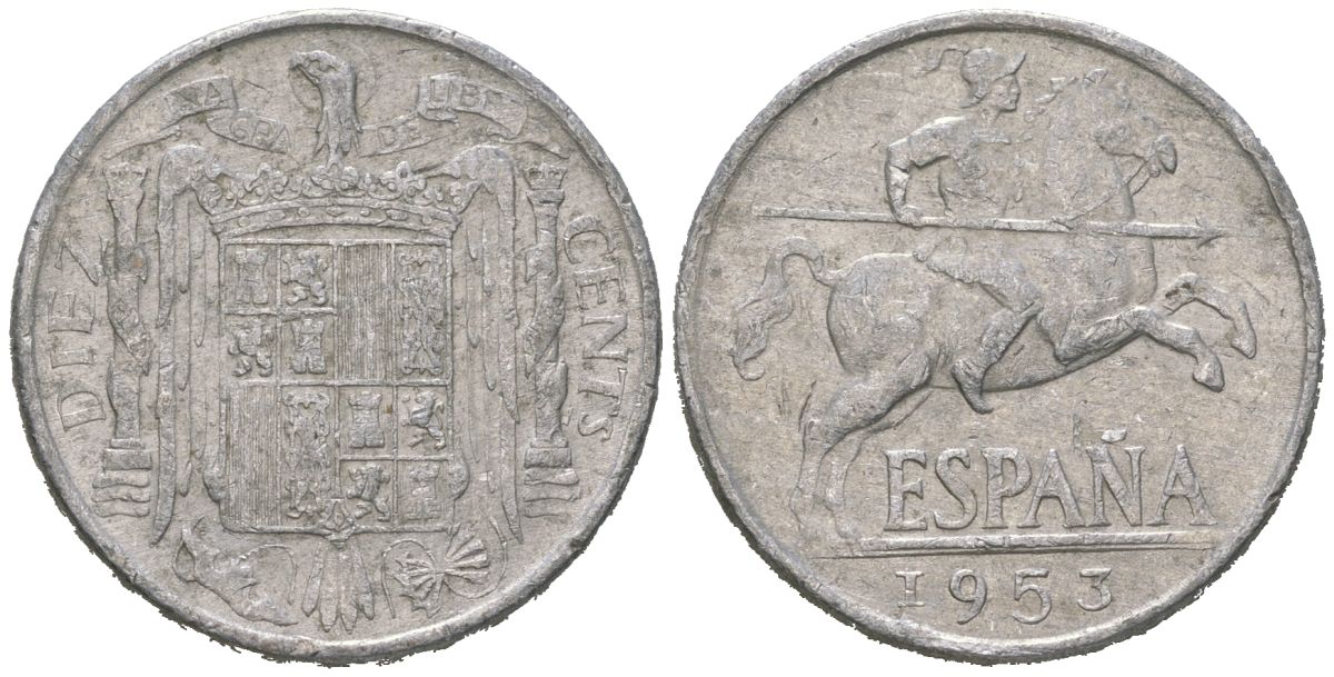 Испания 10 сентимо 1953 рыцарь (всадник) на коне, Франсиско Франко (1939-1975) KM 766 алюминий 4612-1116