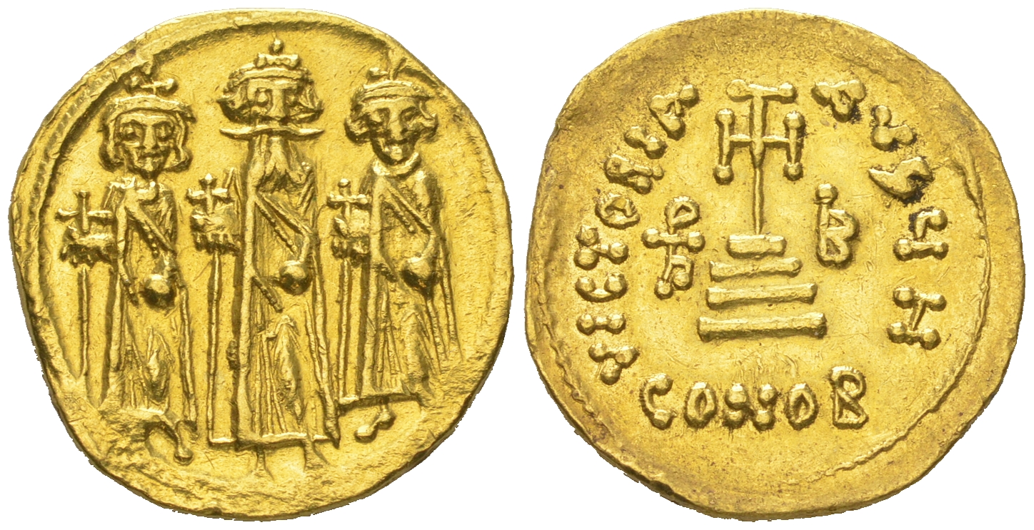 Византийская Империя солид 610-641 Ираклий с Ираклием Константином и Ираклионом/крест, Константинополь, 4,38 гр, about extremely fine Sear 767 золото 10-020-82