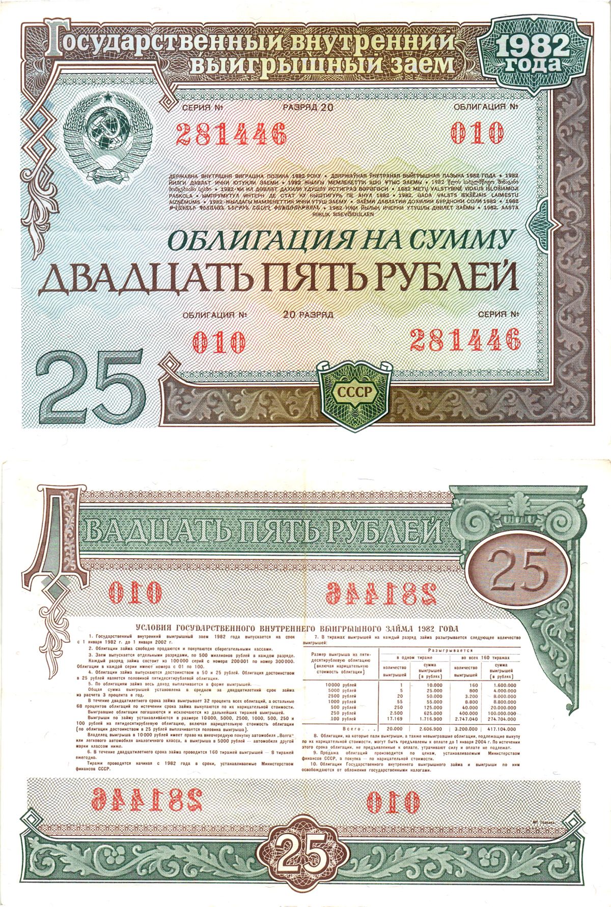 СССР облигация в 25 рублей 1982 государственный внутренний выигрышный заем, разряд 20   бумага   8609-56-1-2