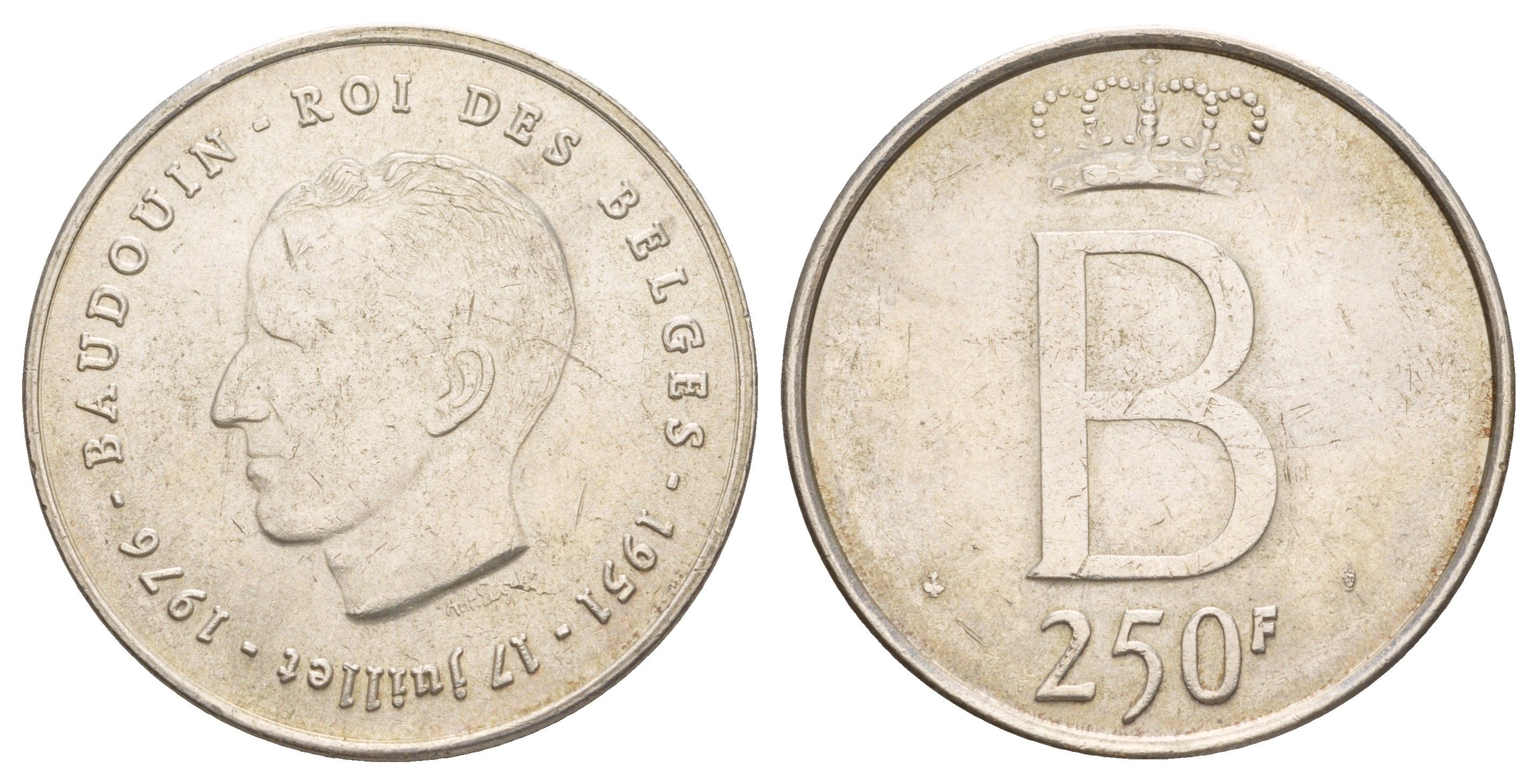 Бельгия 250 франков 1976 25 лет правления Бодуэна I, des Belges KM 157.1 серебро 413-843