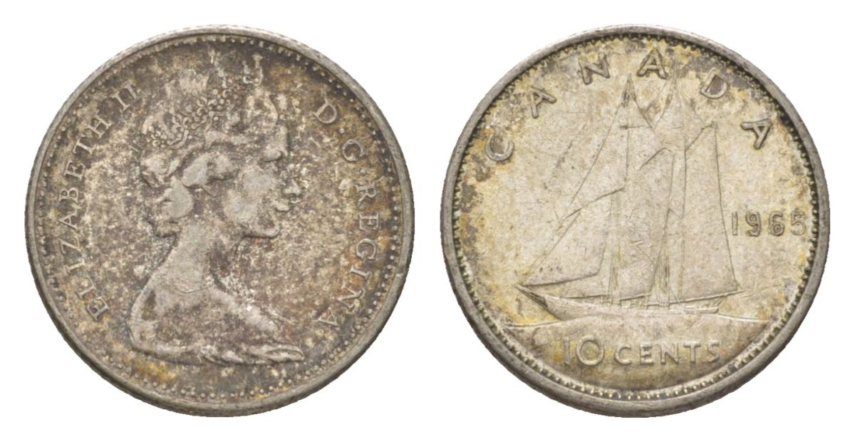 Канада 10 центов 1965 Елизавета II (1952-2022), парусник KM 61 серебро 4623-945