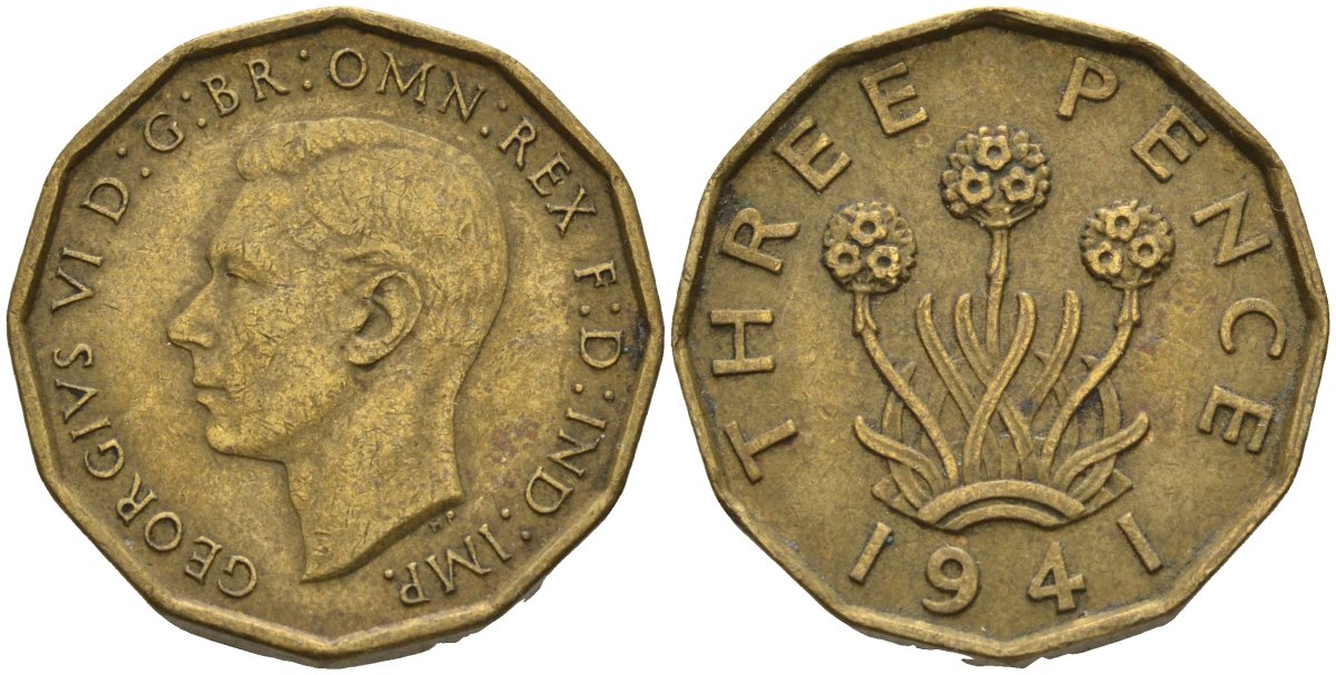 Великобритания 3 пенса 1941 Георг VI (1936-1952) KM 849, Spink 4112 никель латунь 4146-324