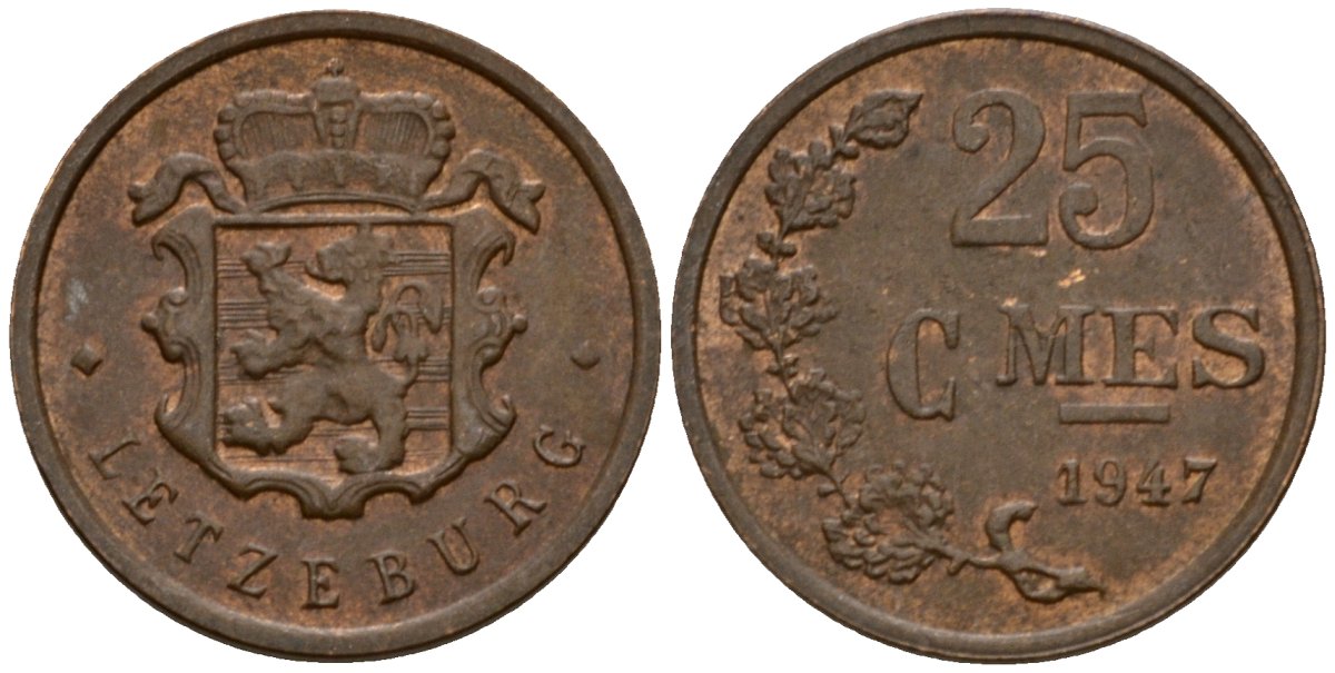 Люксембург 25 сантимов 1947 Шарлотта (1918-1964) KM 45 бронза 4532-933