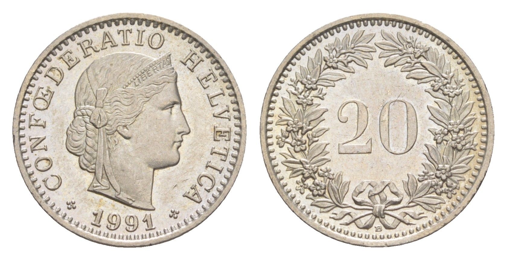 Швейцария 20 раппенов 1991 B KM 29a медно-никель UNC 4623-515