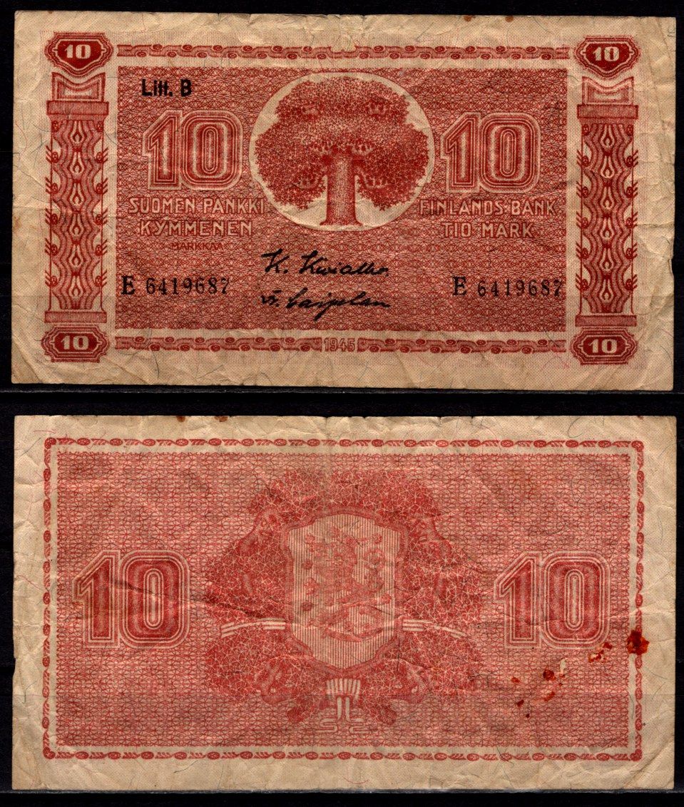 Финляндия 10 марок 1945 Pick 85 (4) бумага 8564-2-4-2