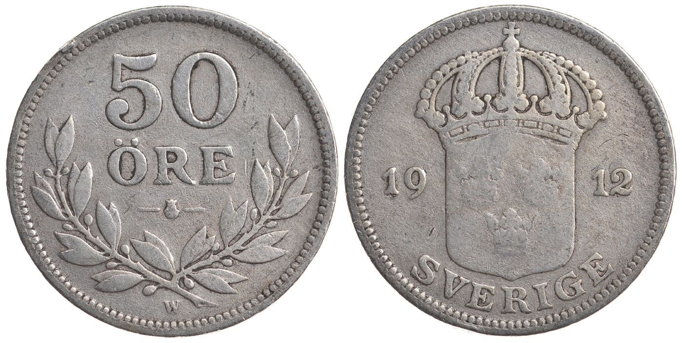 Швеция 50 эре 1912 W, Густав V (1907-1950) KM 788 серебро 4179-927