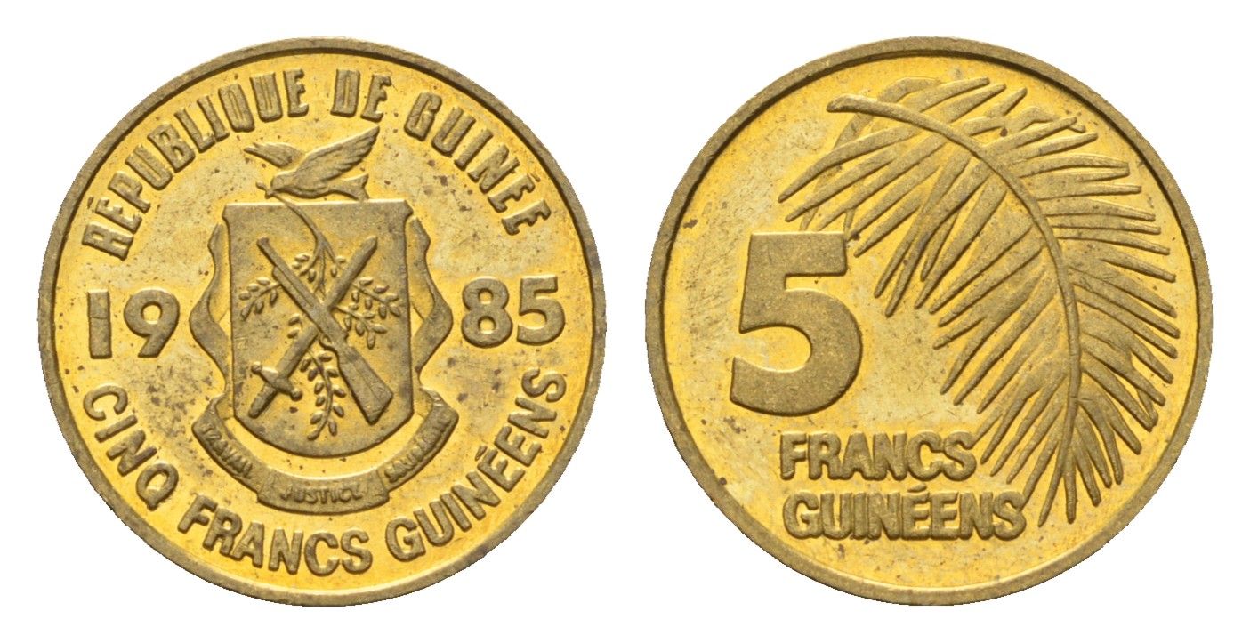 Гвинея 5 франков 1985 год-тип KM 53 сталь плакированная латунью UNC 4674-638