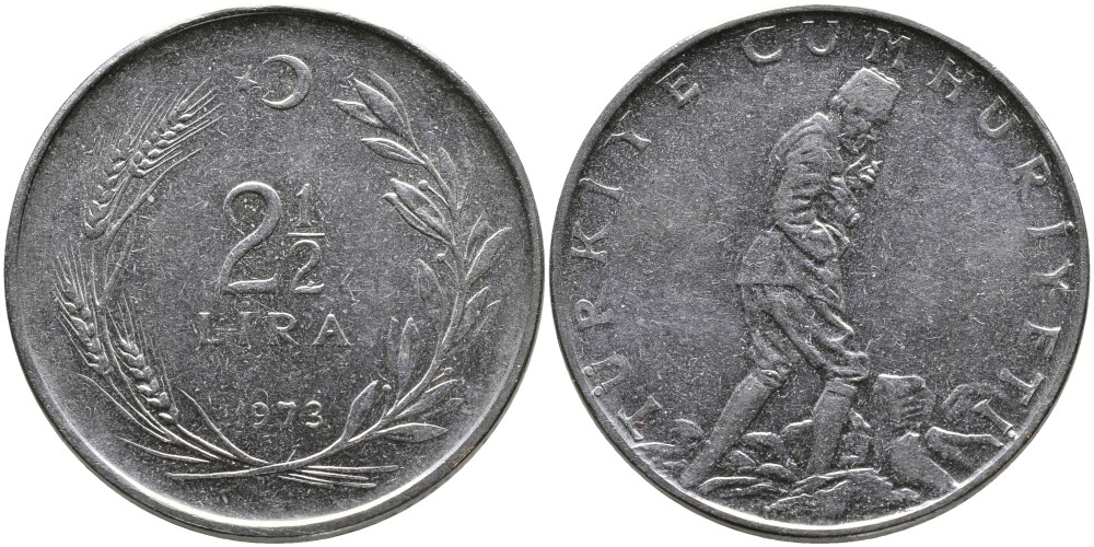 ТУРЦИЯ 2 1/2 ЛИРЫ 1973 KM 893.2 нержавеющая сталь 29-634