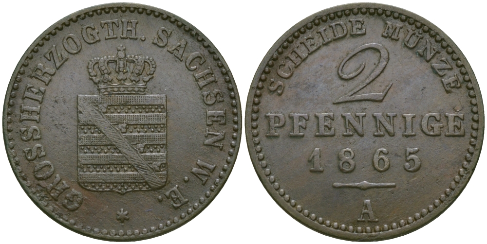 Саксен-Веймар-Эйзенах 2 пфеннига 1865 А, Карл Александр (1853-1901) KM 90, Jaeger 534, AKS 36 медь    65-551