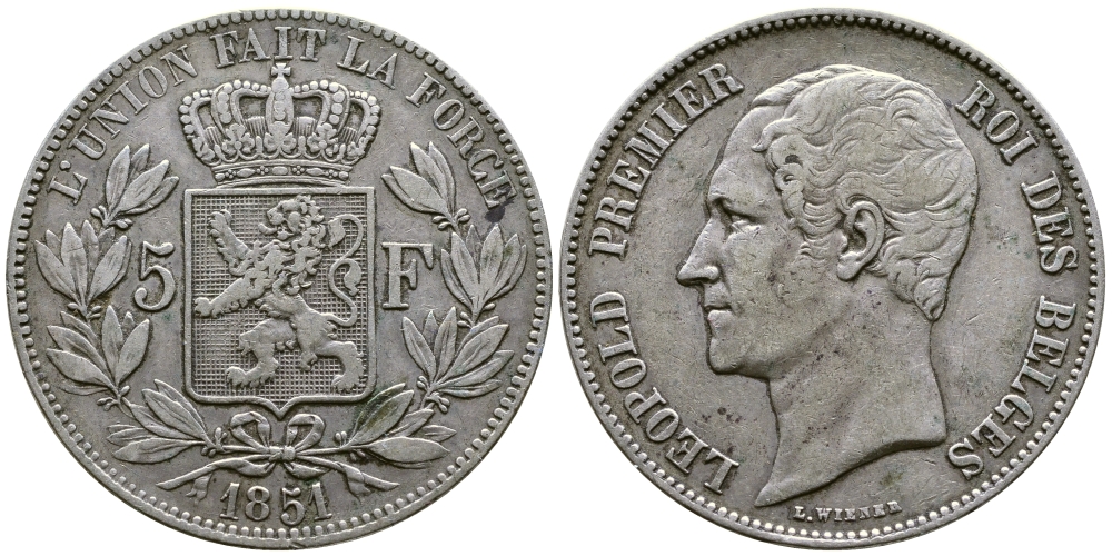 Бельгия 5 франков 1851 Леопольд I (1831-1865) KM 17 серебро 00-1067-3-62