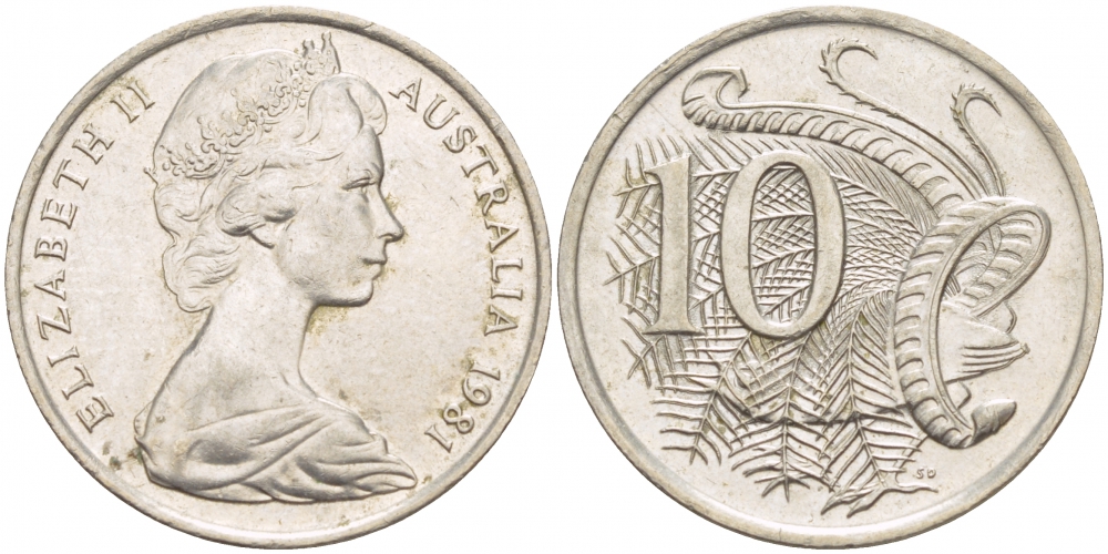 Австралия 10 центов 1981 Елизавета II (1952-), птица лирахвост KM 65 медно-никель UNC 4539-1117