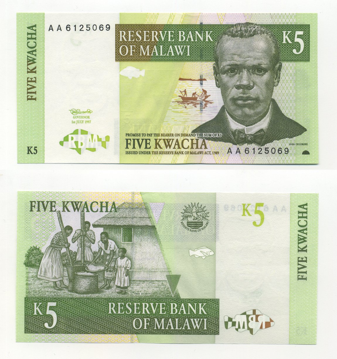 Малави 5 квача 1997 Джон Чилембве, озеро Малави Pick 36 a бумага UNC (пресс) 6283-28-3