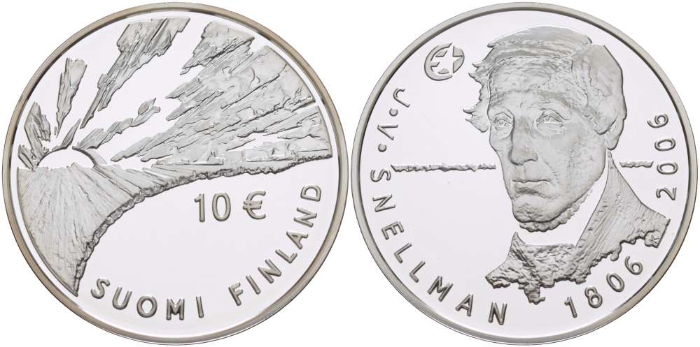 Финляндия 10 евро 2006 200 лет со дня рождения Йохана Снелльмана, философ KM 124 серебро PROOF 11-040-15