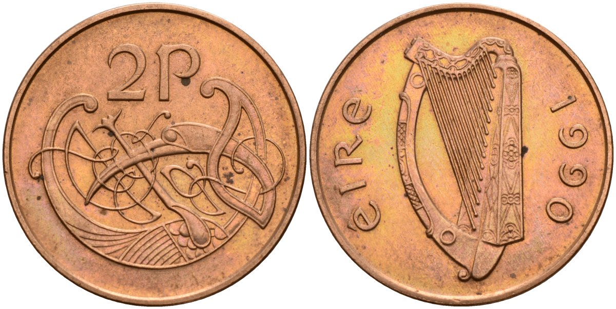 Ирландия 2 пенсов 1990 Виньетка в виде стилизованной птицы из второй библии Карла II Лысого KM 21a бронза 4140-313