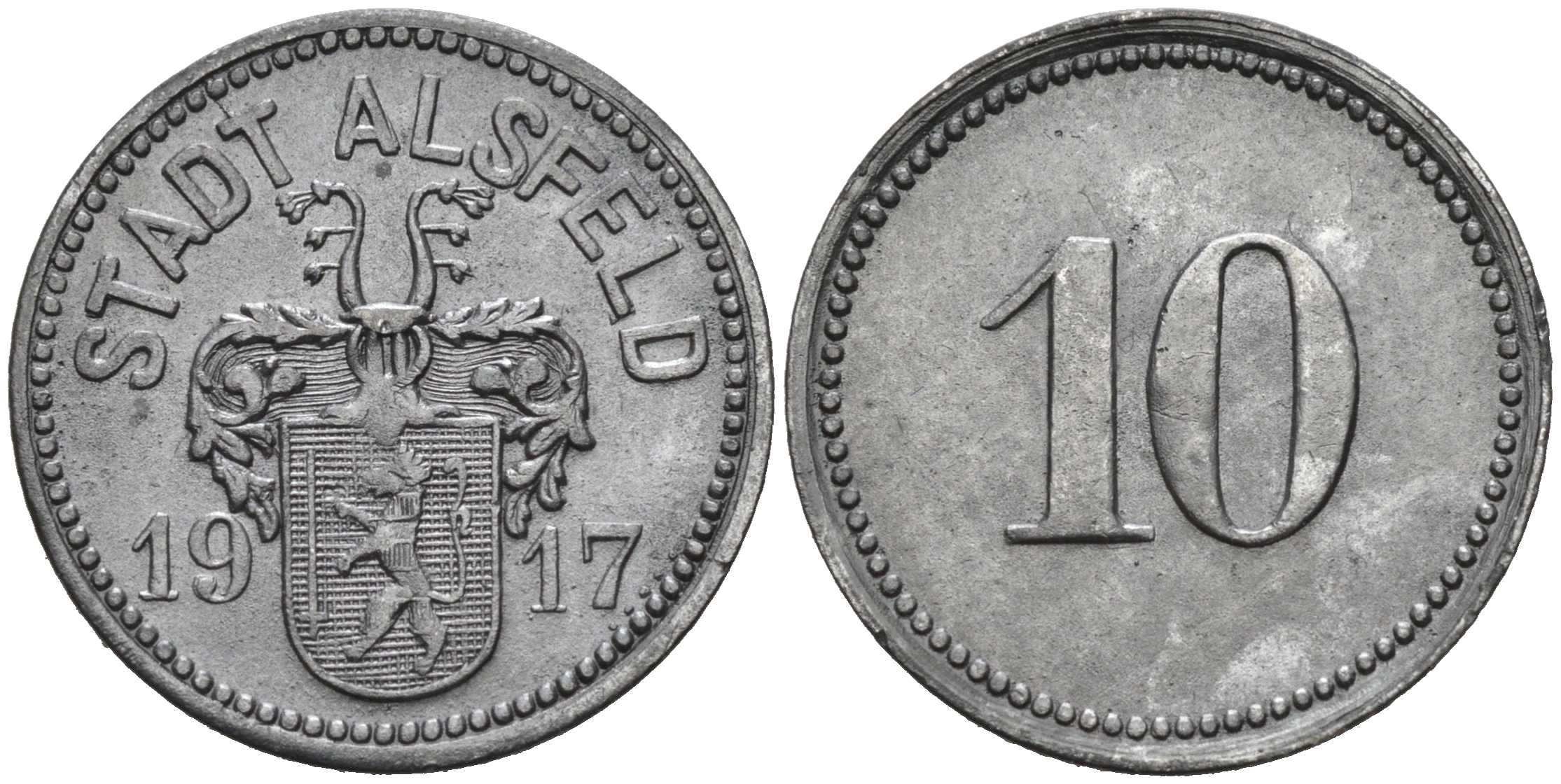 АЛЬСФЕЛЬД 10 ПФЕННИГОВ 1917 НОТГЕЛЬД, ЗЕМЛЯ ГЕССЕН цинк 75-1523