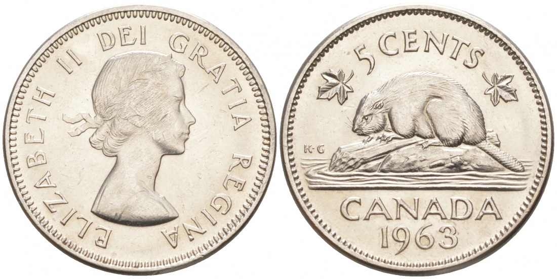 КАНАДА 5 ЦЕНТОВ 1963 ЕЛИЗАВЕТА II, БОБЕР KM 57 никель 68-537