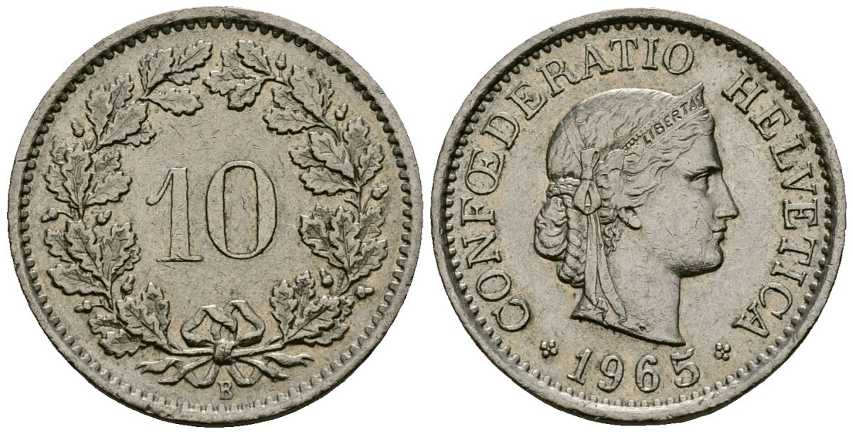 Швейцария 10 раппенов 1965 KM 27 медно-никель 4172-513