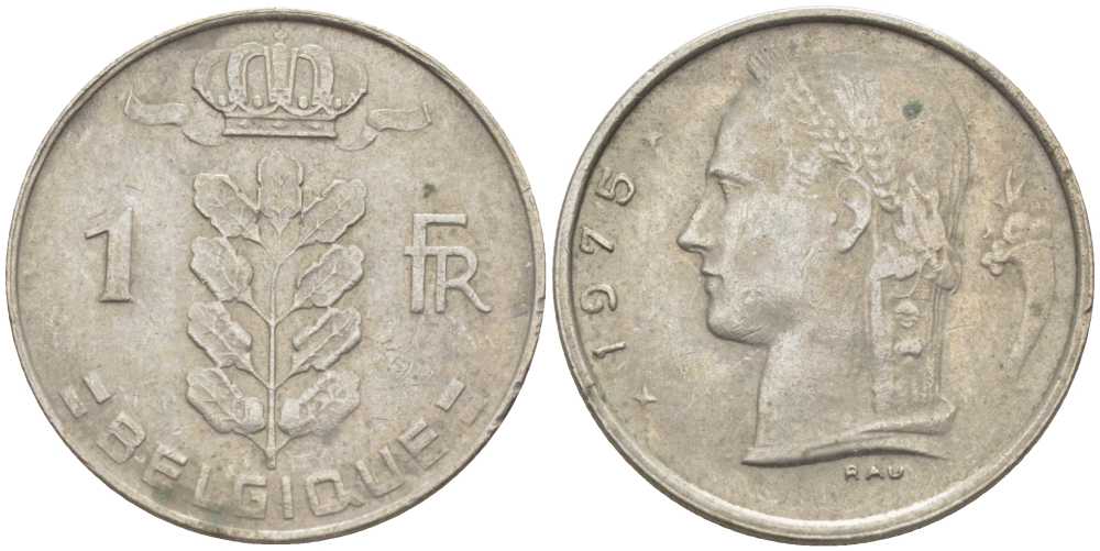 БЕЛЬГИЯ 1 ФРАНК 1975 BELGIQUE, БОДУЭН I (1951-1993) KM 142.1 медно-никель 119-524