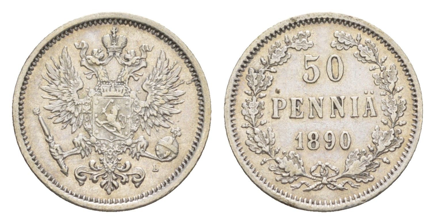 Россия для Финляндии 50 пенни 1890 L, Александр III (1881-1894) Биткин 234 серебро 4643-146