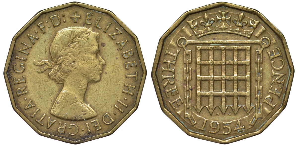 Великобритания 3 пенса 1954 Елизавета II (1952-2022) KM 900, Spink 4153 никель латунь 4122-925