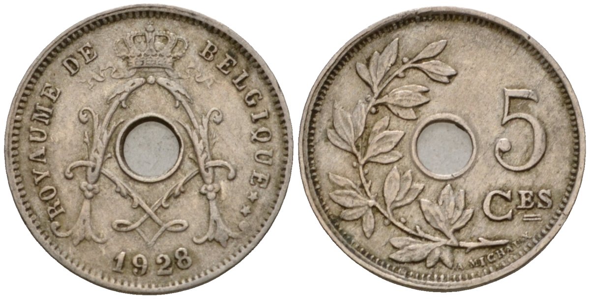 Бельгия 5 сантимов 1928 Belgie KM 67 медно-никель 4548-616