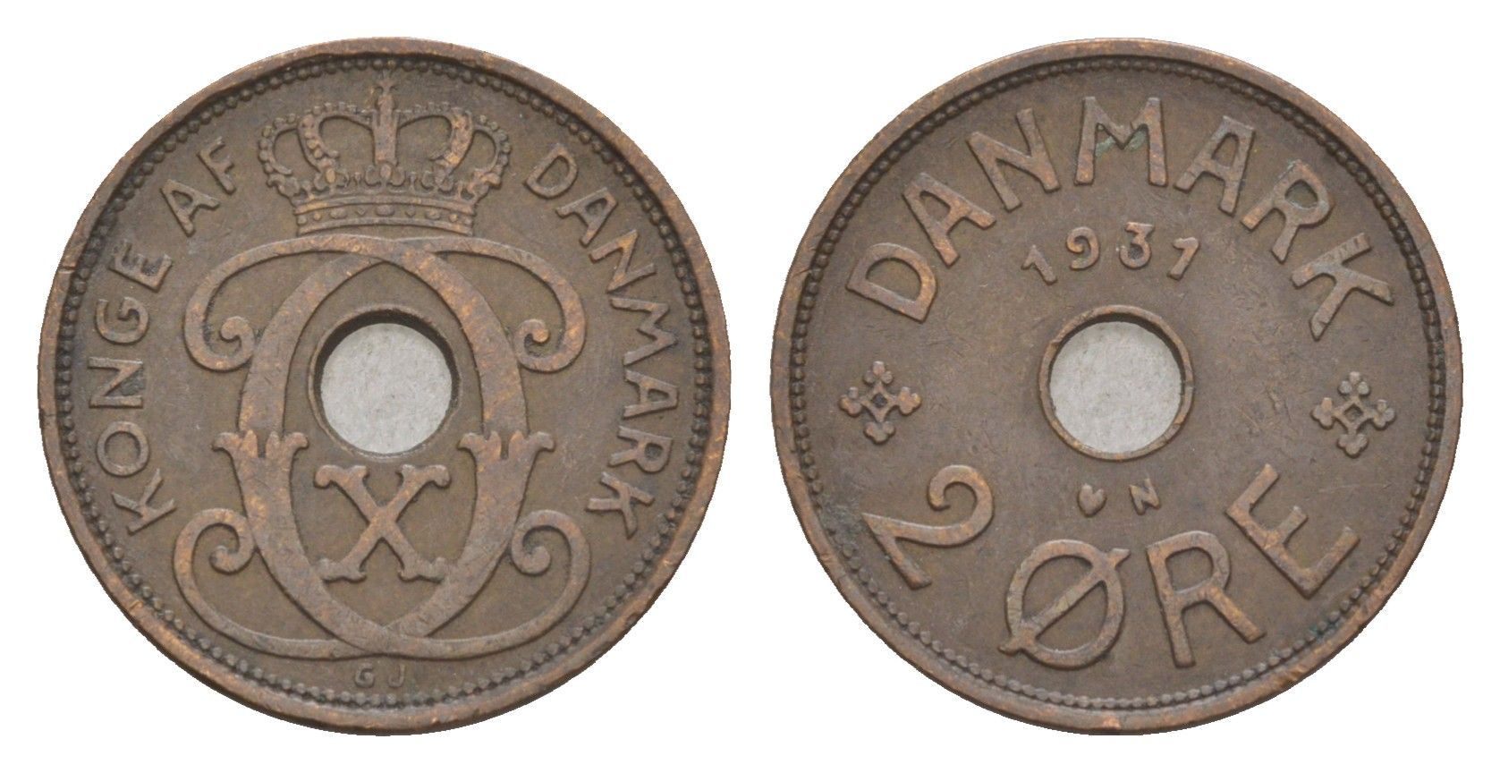 Дания 2 эре 1931 N, Кристиан X (1912-1947) KM 827 бронза 4658-237