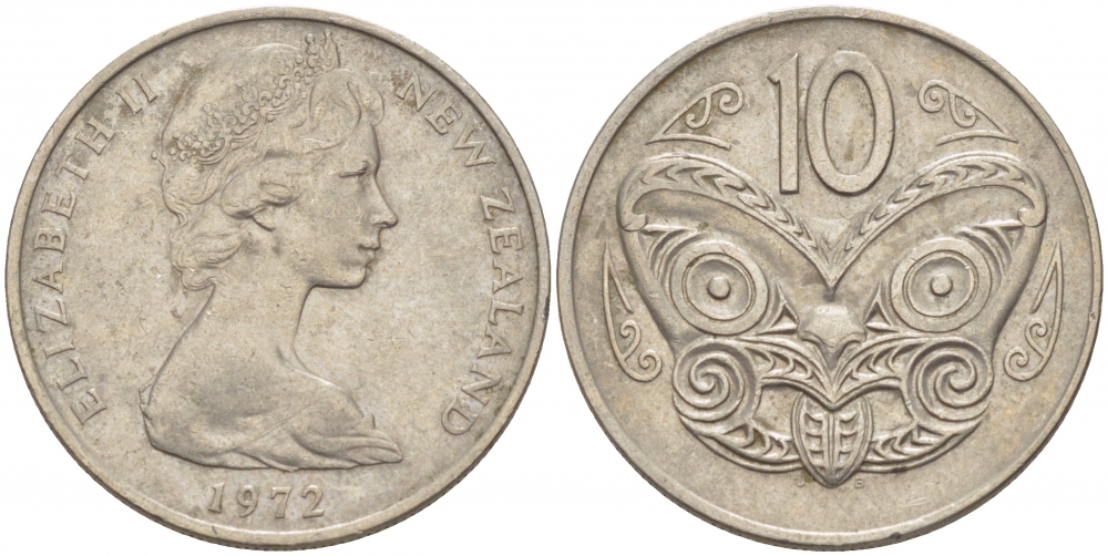 Новая Зеландия 10 центов 1972 Елизавета II (1952-2022), маска маори KM 41.1 медно-никель 212-1134