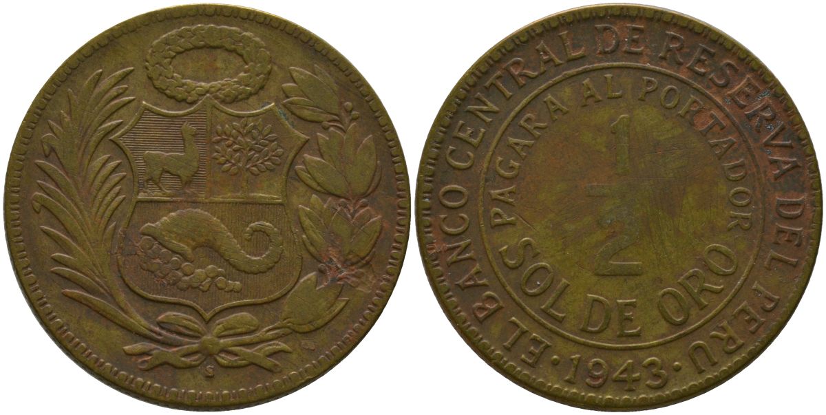 Перу 1/2 соль 1943 S KM 220.3, Schon 23 латунь 4539-335