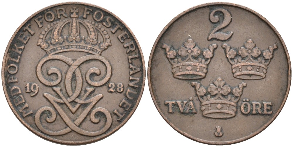 Швеция 2 эре 1928 Густав V (1907-1950) KM 778 бронза 63-1223