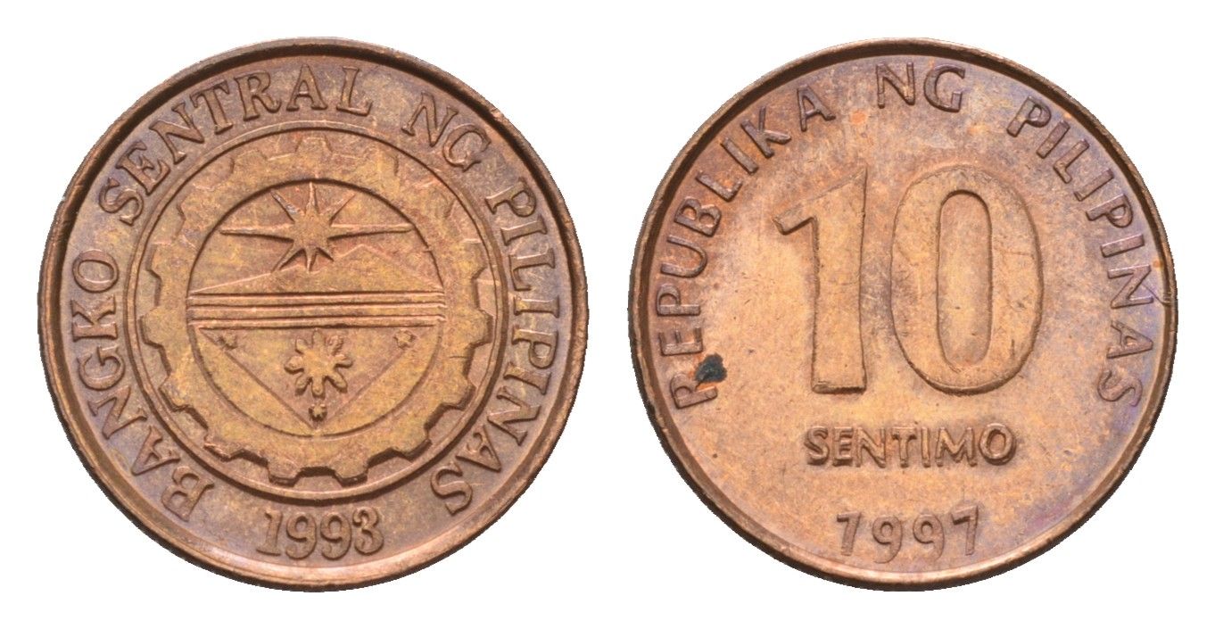 Филиппины 10 сентимо 1997 KM 270 сталь плакированная медью UNC 4396-645