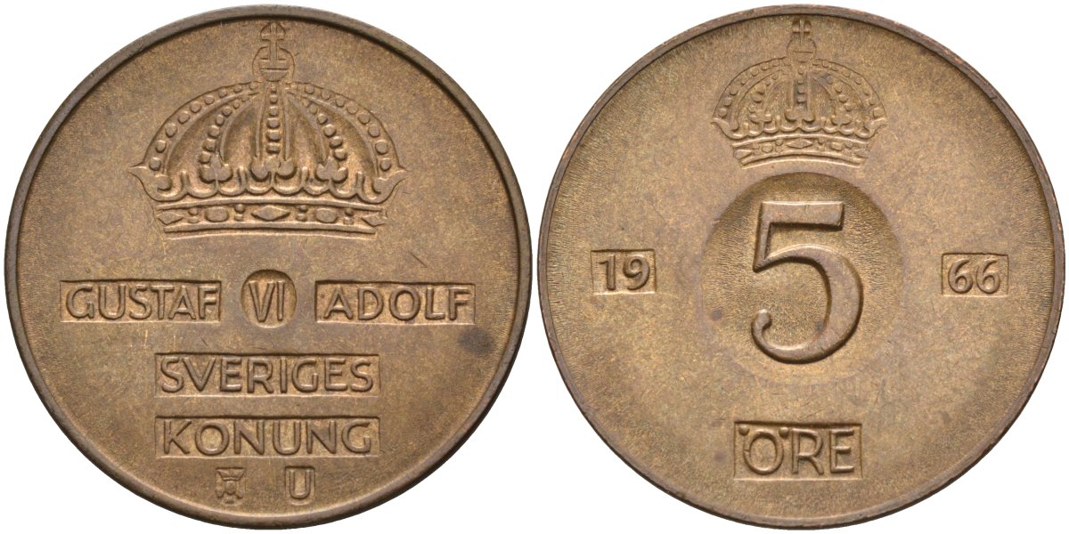 Швеция 5 эре 1966 Густав VI Адольф (1950-1973) KM 822 бронза 4526-1225