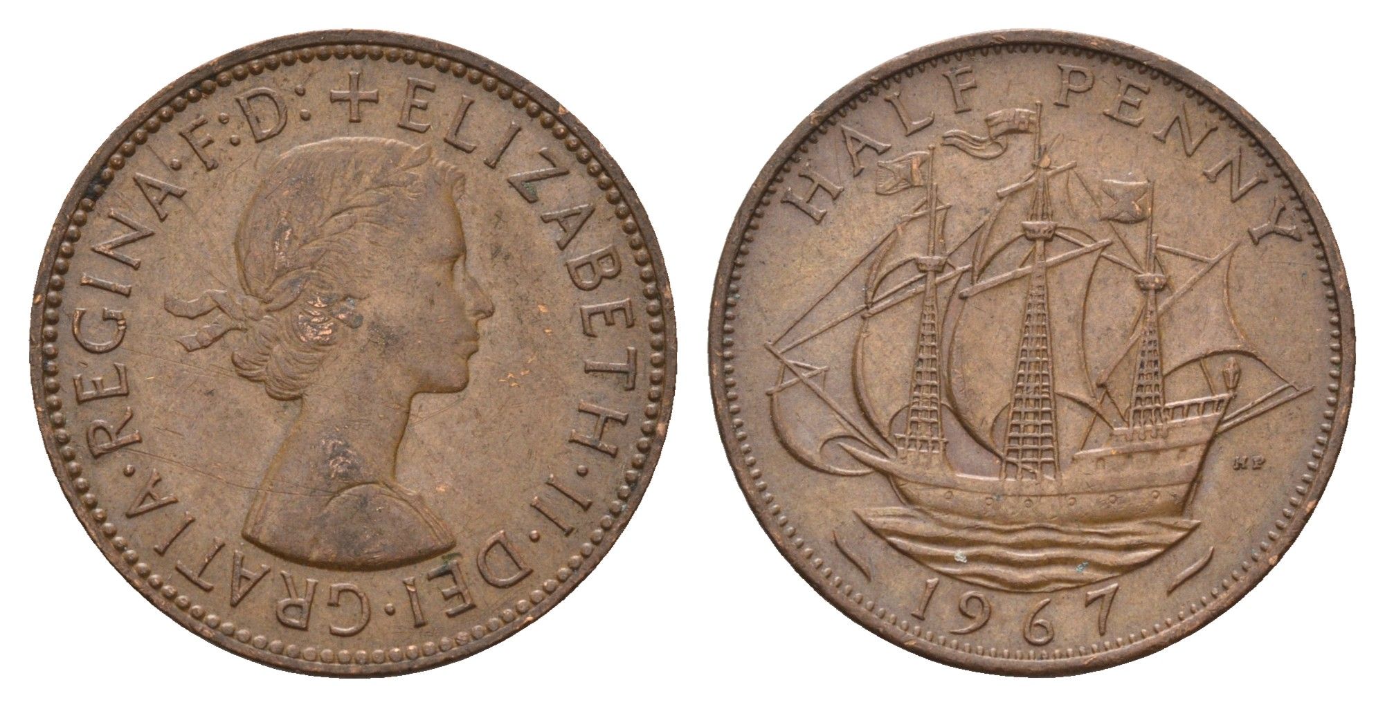 Великобритания 1/2 пенни 1967 Елизавета II (1952-2022) KM 896, Spink 4158 бронза 4675-435