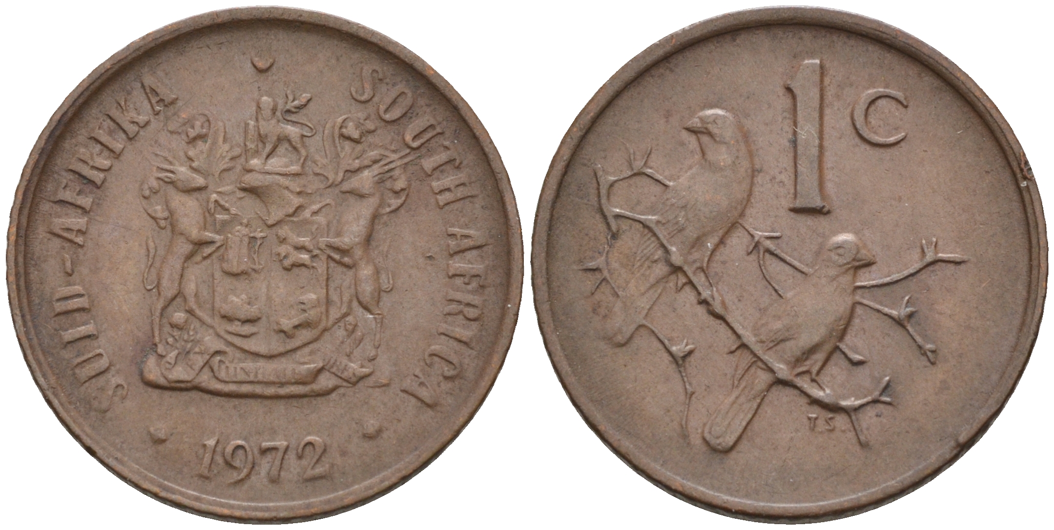 ЮАР 1 ЦЕНТ 1972 ГЕРБ, КАПСКИЕ ВОРОБЬИ KM 82 бронза 4588-1253